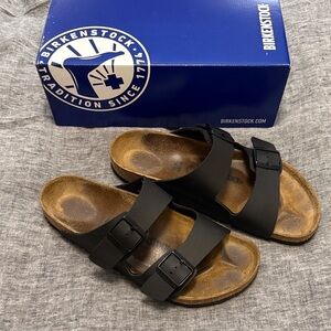 Birkenstock Arizona Birko Floor Black Leather Sandals Size 42 Regular Fit